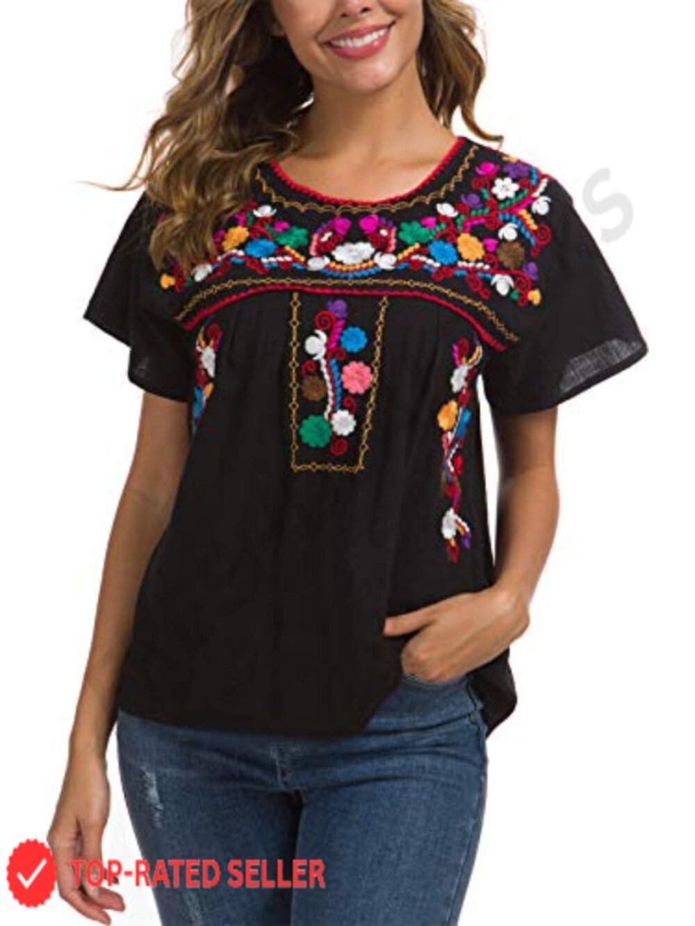 Cotton Embroidered Peasant Blouse Mexican Summer Shirt Short Sleeve